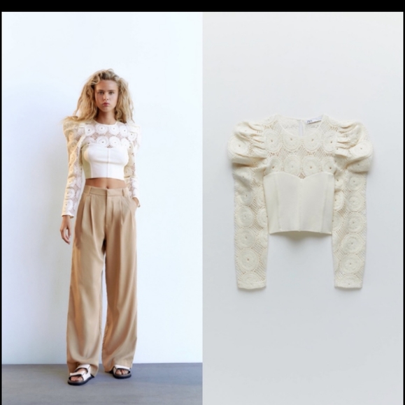 Zara NWT Bloggers Favorite Combination Knit Semi Sheer Puff Shoulder Top Small - Picture 2 of 9